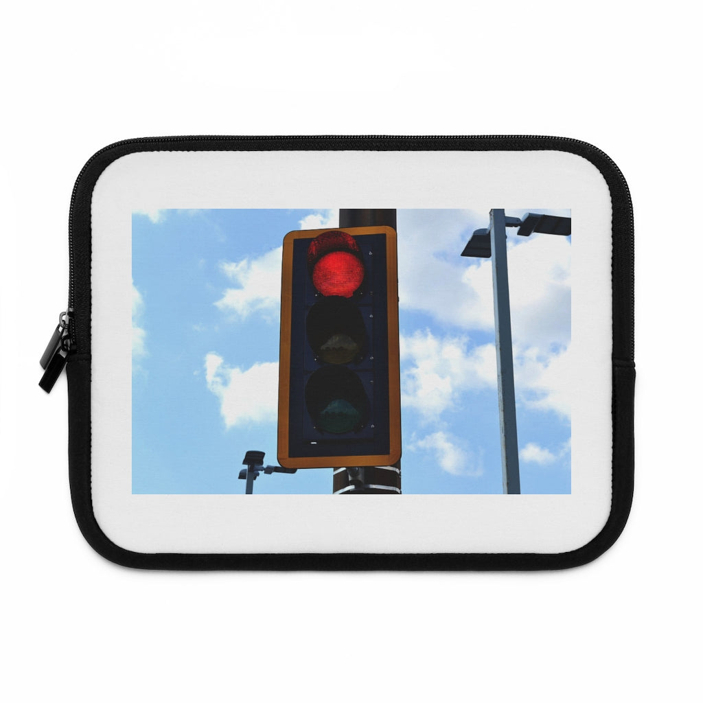 Red Light Laptop Sleeve featuring a customizable front and black polyester back, designed for protection and style.