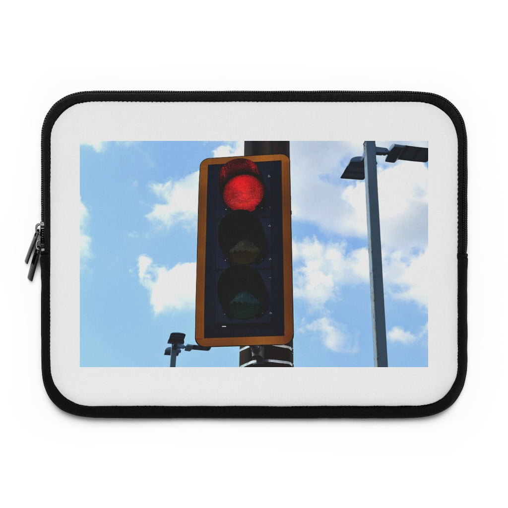 Red Light Laptop Sleeve featuring a customizable front and black polyester back, designed for protection and style.