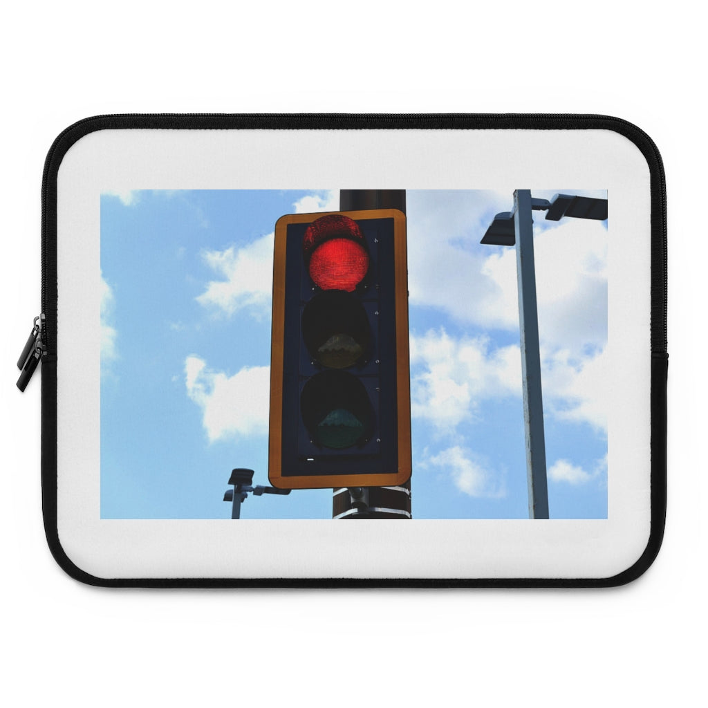 Red Light Laptop Sleeve featuring a customizable front and black polyester back, designed for protection and style.