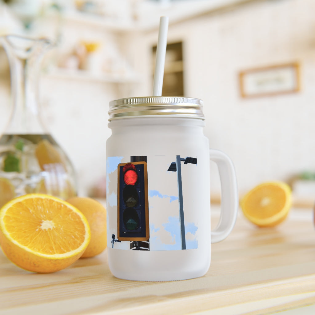 A stylish Red Light Mason Jar made of frosted glass, featuring a straw and lid, perfect for personalized drinks.