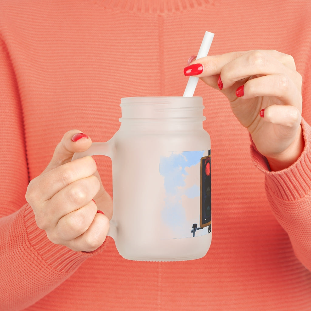 A stylish Red Light Mason Jar made of frosted glass, featuring a straw and lid, perfect for personalized drinks.