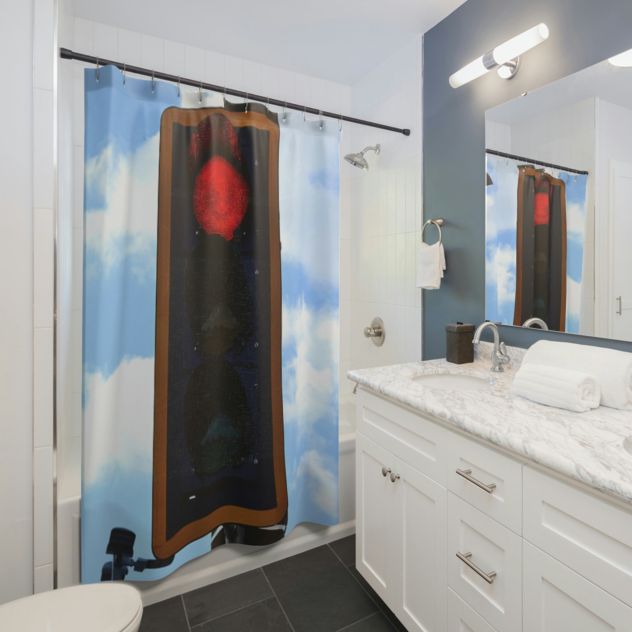 A vibrant red light shower curtain made of durable polyester, showcasing a unique design perfect for bathroom decor.