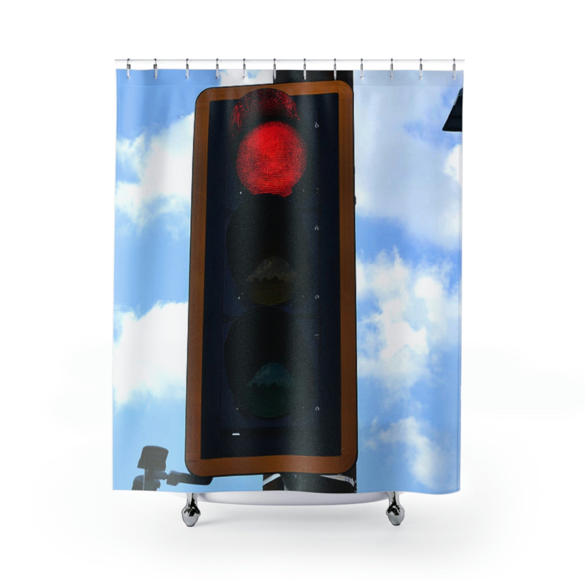 A vibrant red light shower curtain made of durable polyester, showcasing a unique design perfect for bathroom decor.