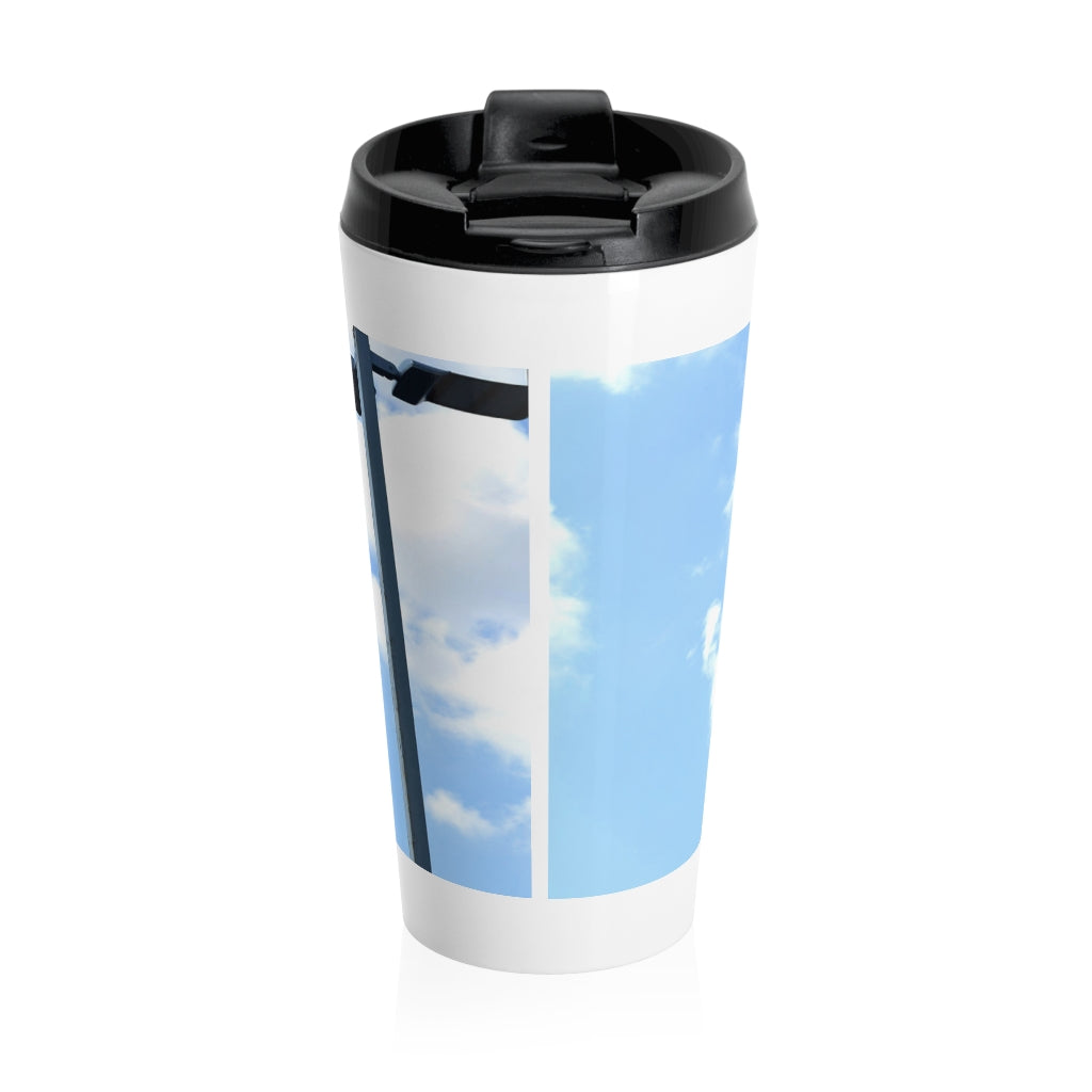 Red Light Stainless Steel Travel Mug with black lid, showcasing vibrant sublimation printing.