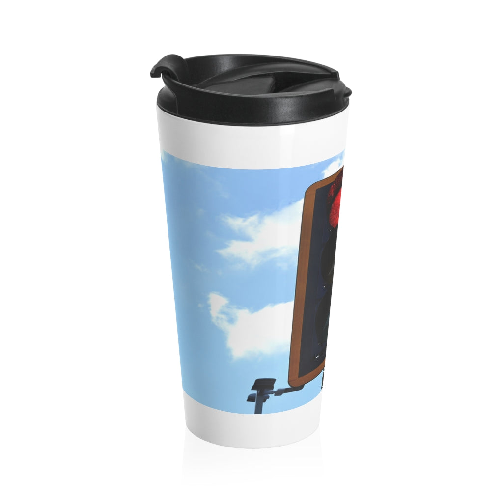 Red Light Stainless Steel Travel Mug with black lid, showcasing vibrant sublimation printing.