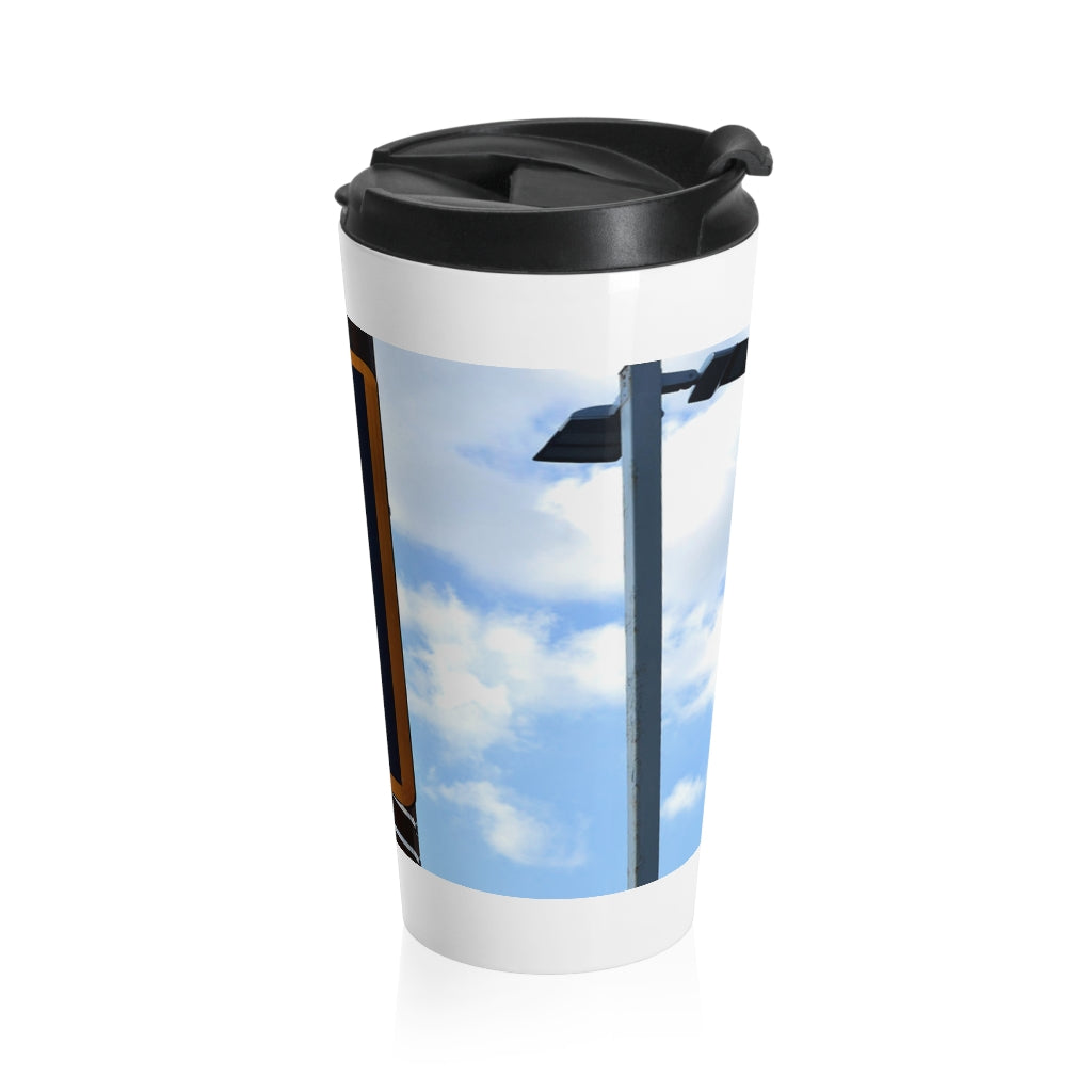 Red Light Stainless Steel Travel Mug with black lid, showcasing vibrant sublimation printing.