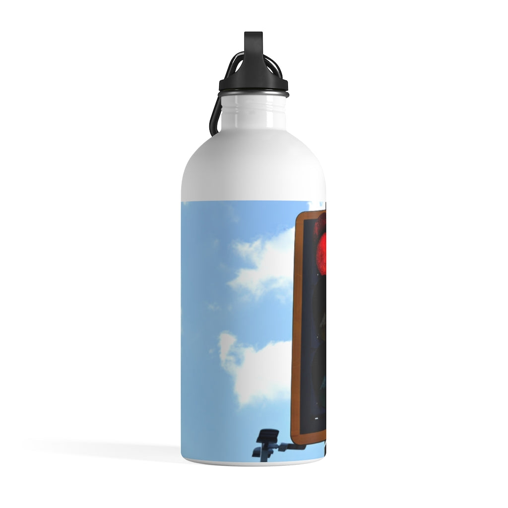 Red Light Stainless Steel Water Bottle with plastic screw top and carabiner, perfect for hydration on the go.