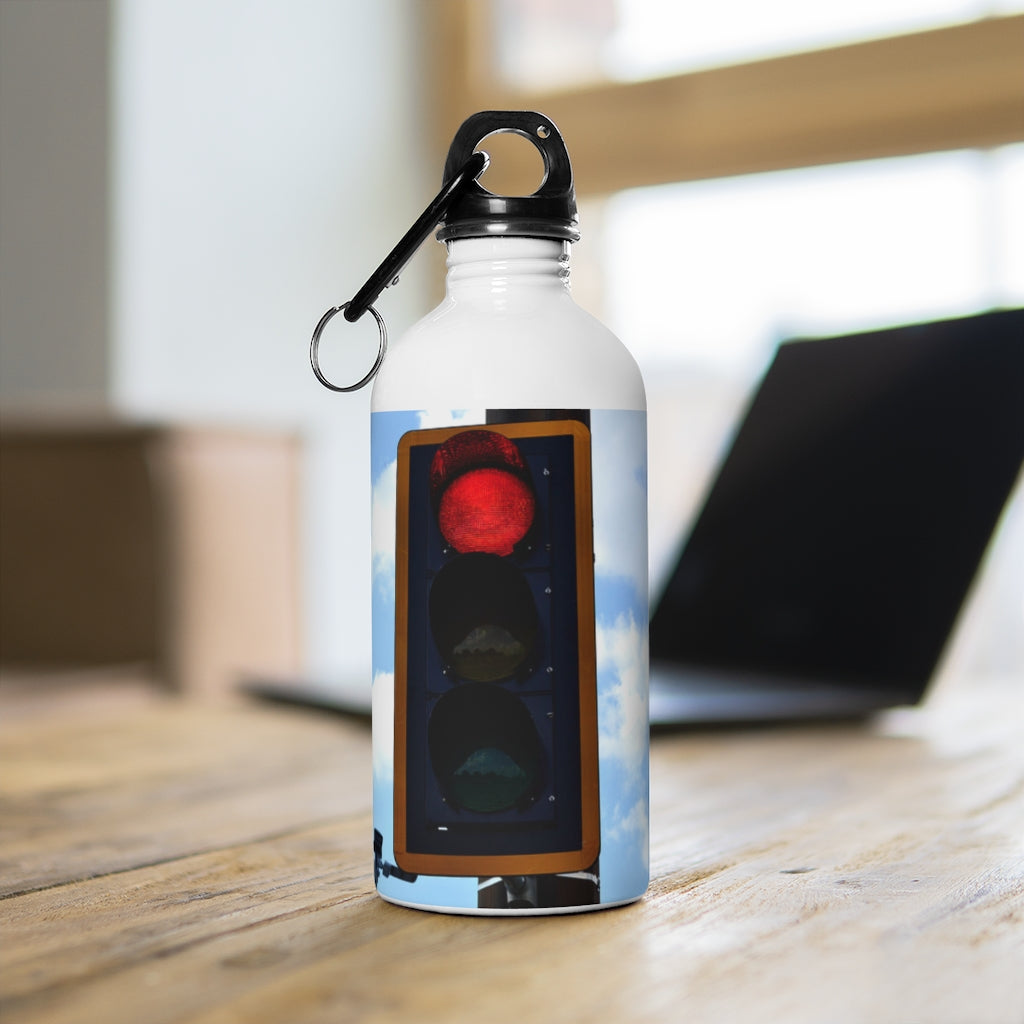 Red Light Stainless Steel Water Bottle with plastic screw top and carabiner, perfect for hydration on the go.