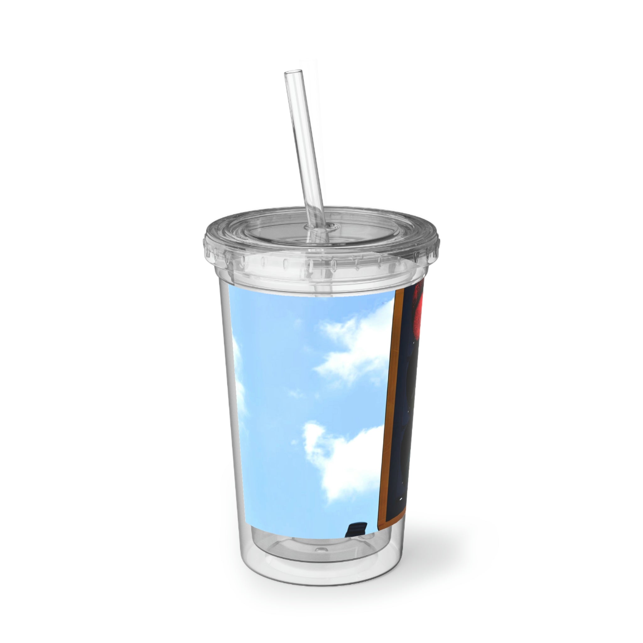 Red Light Suave Acrylic Cup with a sleek stainless steel design and a black plastic straw, perfect for beverages.