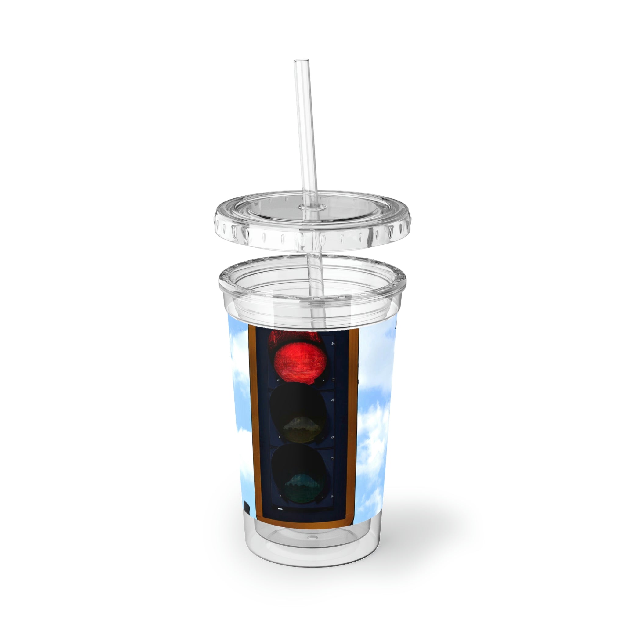 Red Light Suave Acrylic Cup with a sleek stainless steel design and a black plastic straw, perfect for beverages.