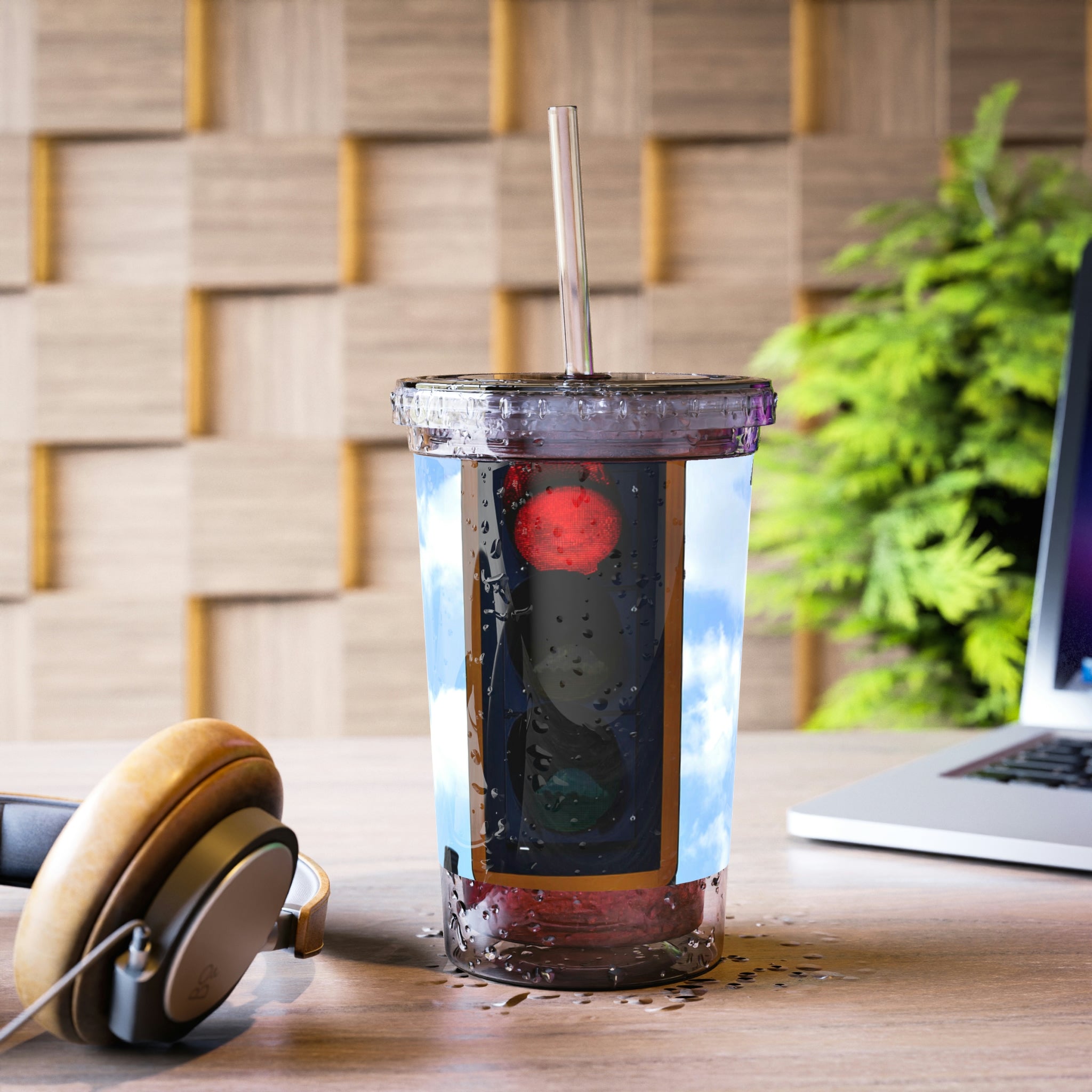 Red Light Suave Acrylic Cup with a sleek stainless steel design and a black plastic straw, perfect for beverages.