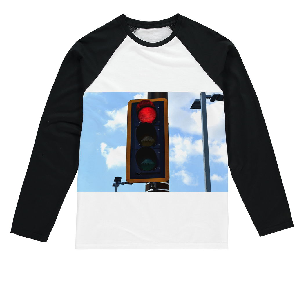 Red Light Sublimation Baseball Long Sleeve T-Shirt featuring long sleeves, crew neck, and mixed fabric design for comfort and style.