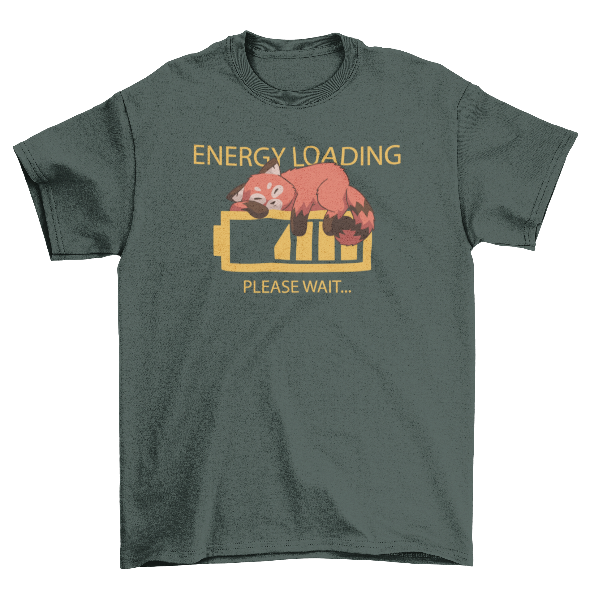 A cute red panda sleeping on an energy bar, featured on a stylish t-shirt design.