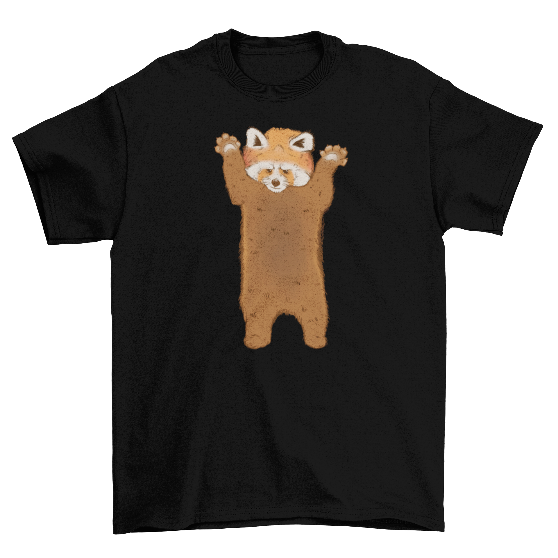 A vibrant t-shirt featuring a cute red panda character standing, showcasing its playful design.