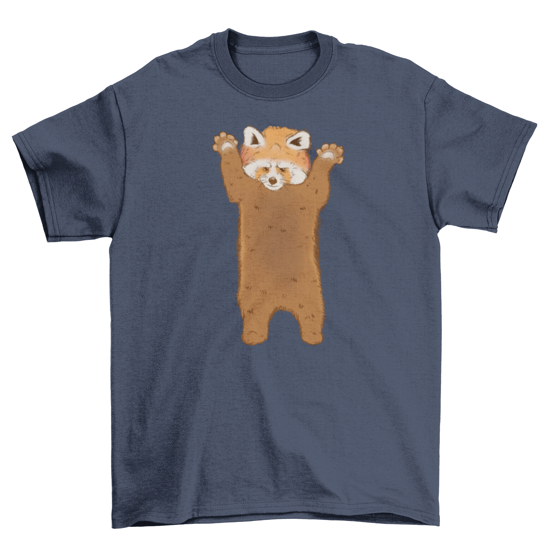 A vibrant t-shirt featuring a cute red panda character standing, showcasing its playful design.