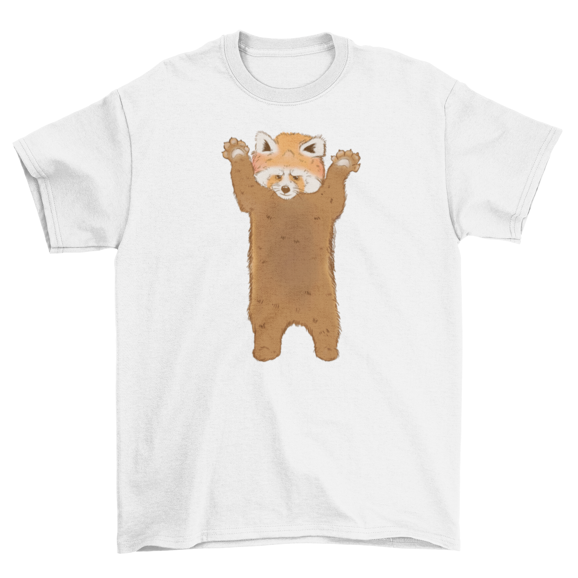 A vibrant t-shirt featuring a cute red panda character standing, showcasing its playful design.