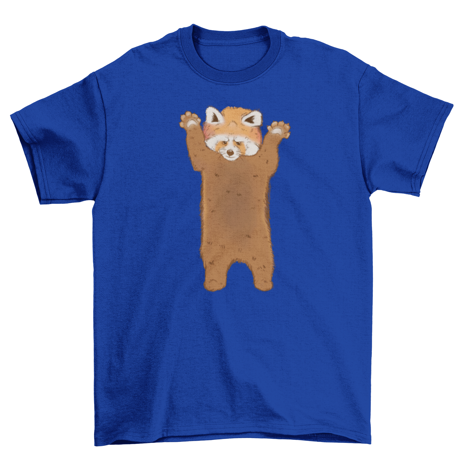 A vibrant t-shirt featuring a cute red panda character standing, showcasing its playful design.