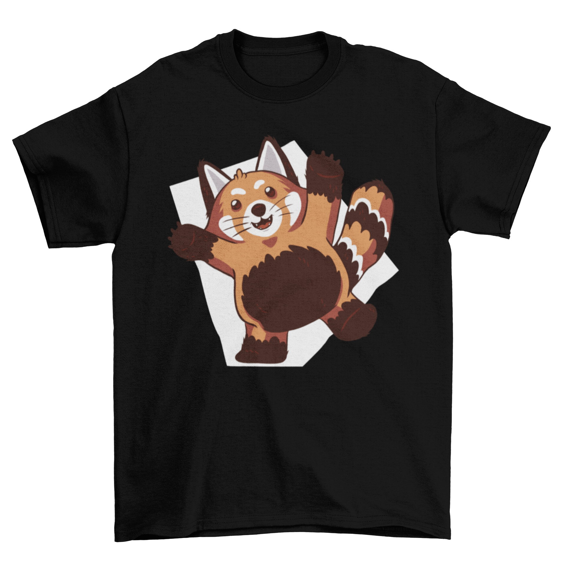 A cute red panda t-shirt featuring a playful illustration of a red panda with its arms raised, showcasing its joyful character.