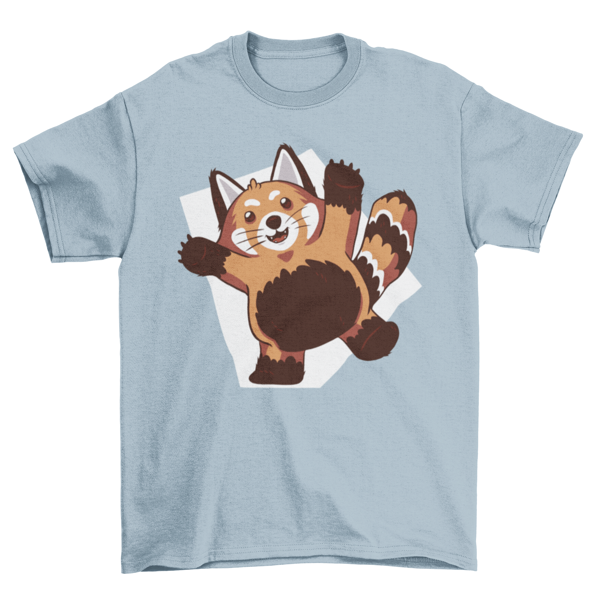 A cute red panda t-shirt featuring a playful illustration of a red panda with its arms raised, showcasing its joyful character.