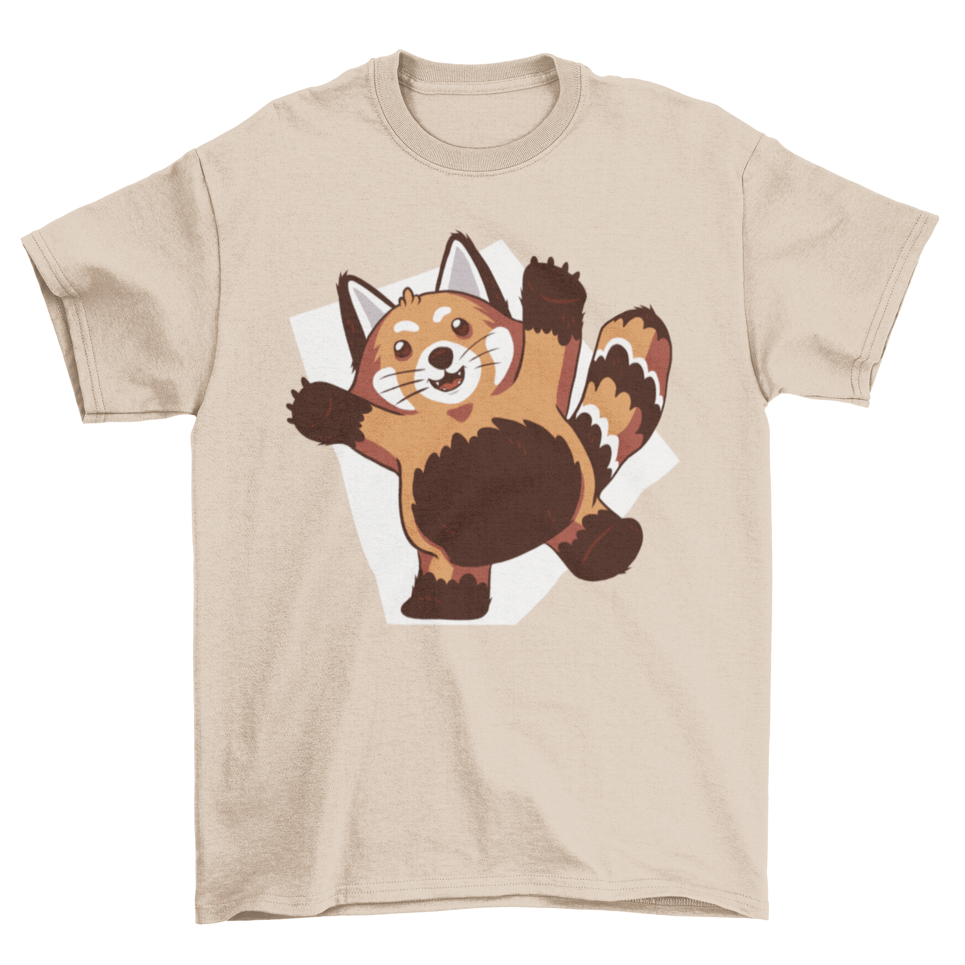 A cute red panda t-shirt featuring a playful illustration of a red panda with its arms raised, showcasing its joyful character.