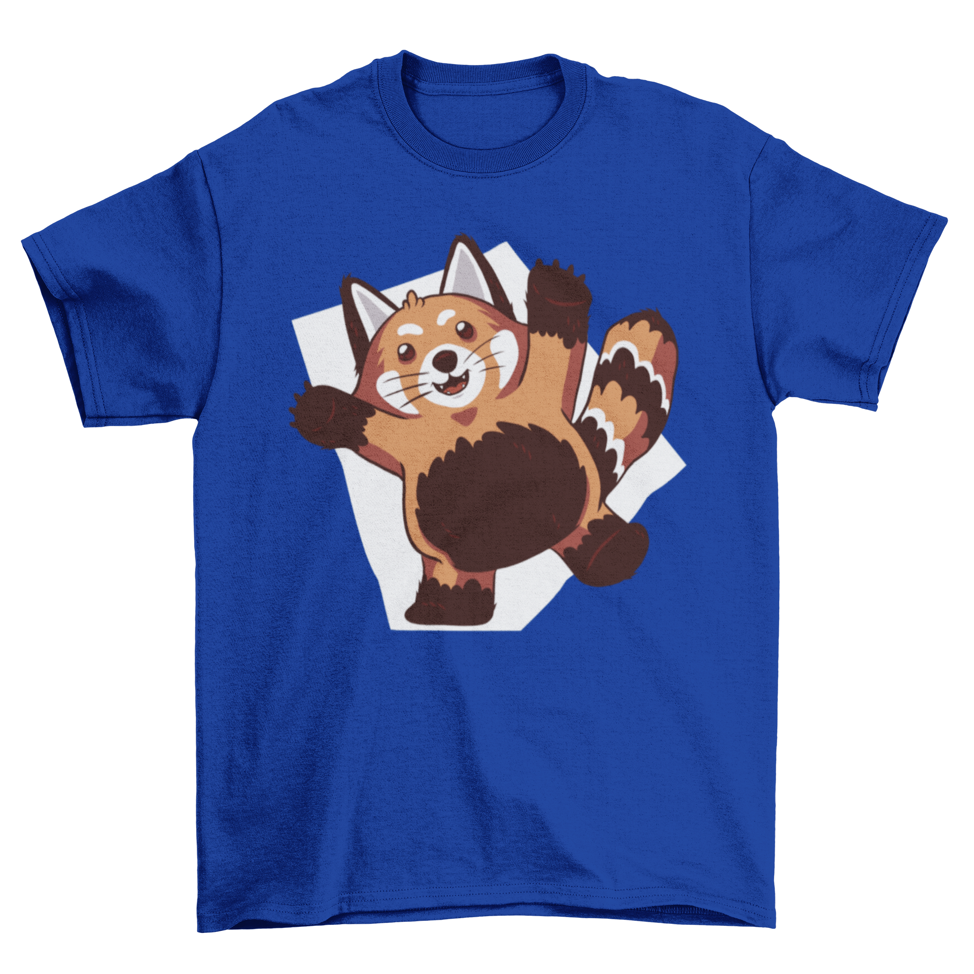 A cute red panda t-shirt featuring a playful illustration of a red panda with its arms raised, showcasing its joyful character.