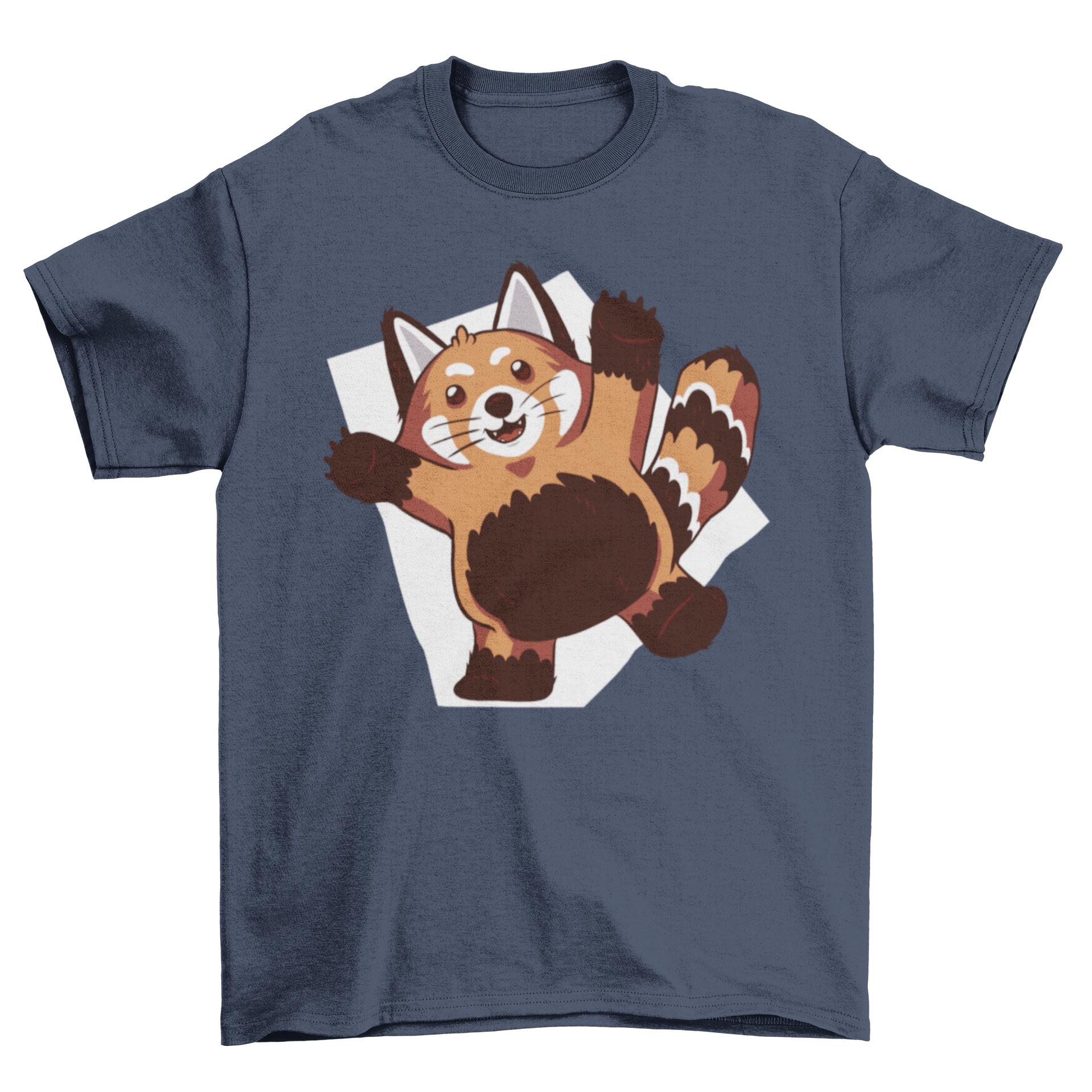 A cute red panda t-shirt featuring a playful illustration of a red panda with its arms raised, showcasing its joyful character.