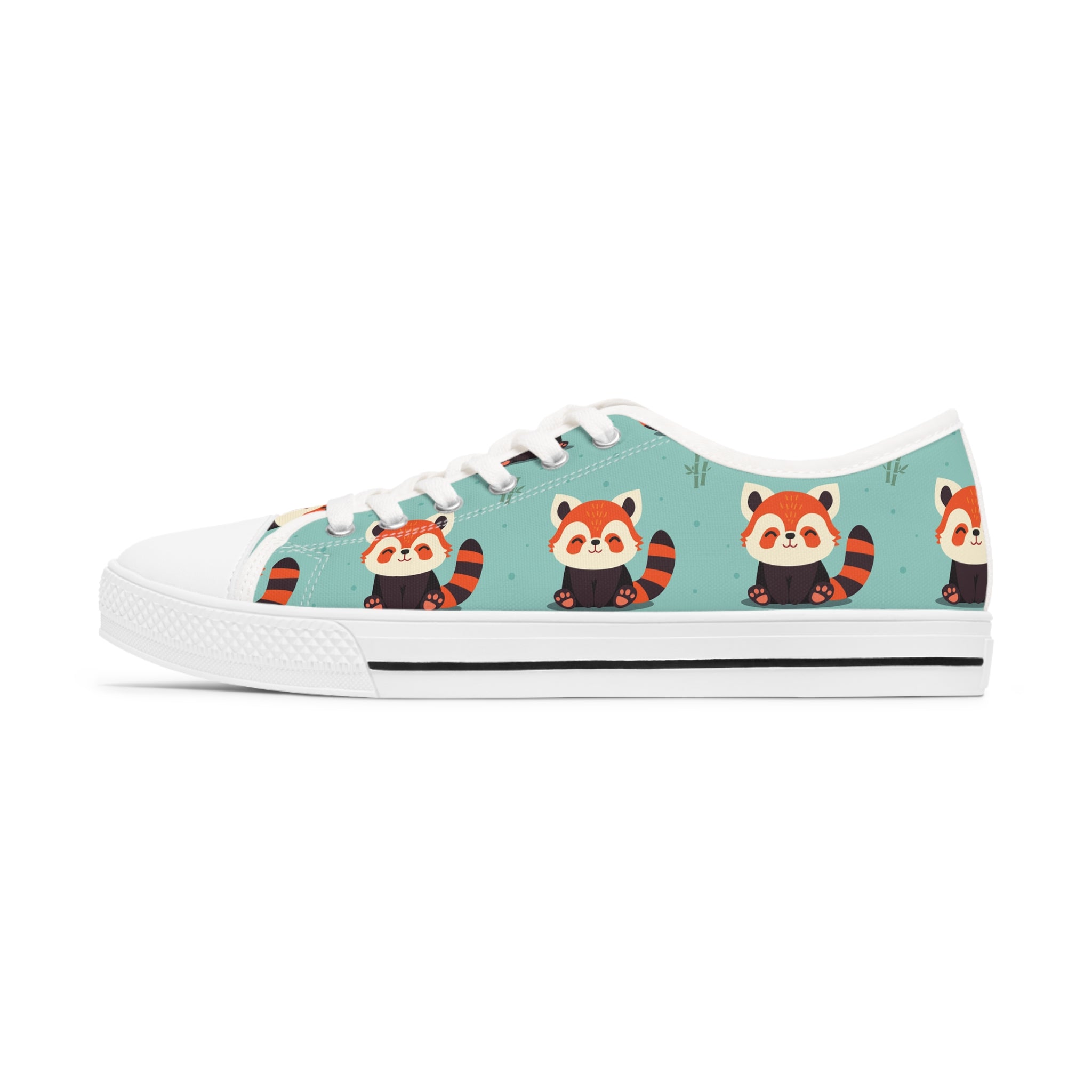 A pair of stylish Red Panda Women's Low Top Sneakers in black and white, showcasing breathable canvas and memory foam insoles.