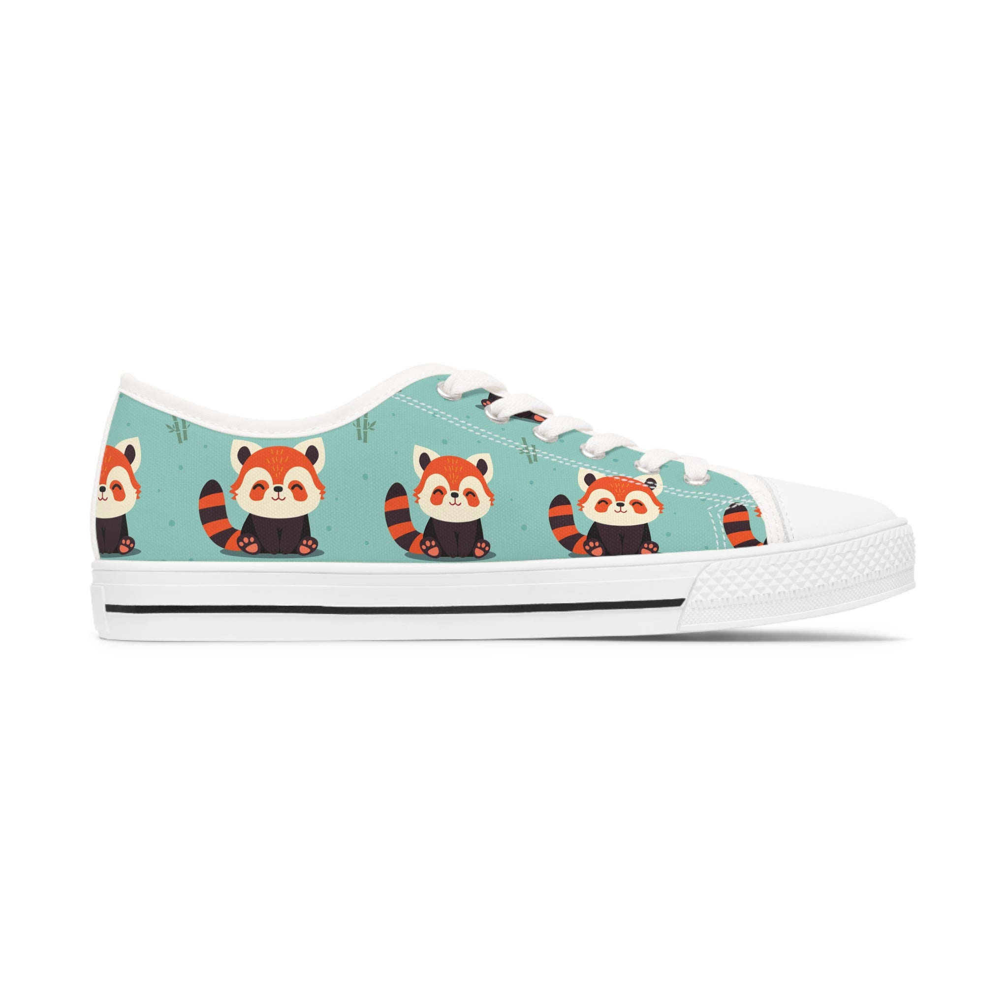 A pair of stylish Red Panda Women's Low Top Sneakers in black and white, showcasing breathable canvas and memory foam insoles.