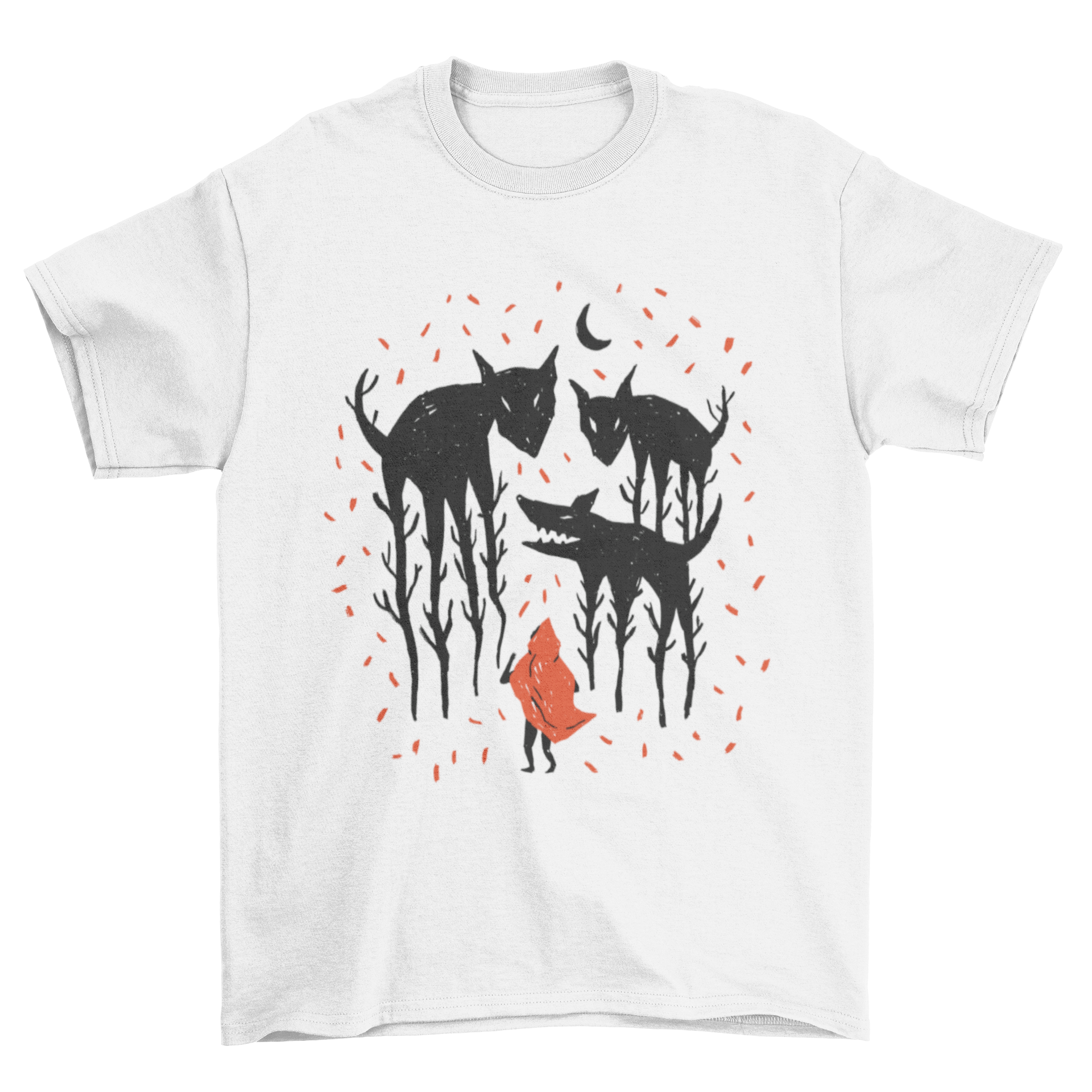 A stylish Red Riding Hood T-shirt featuring an artistic illustration of Red Riding Hood facing wolves made from trees.