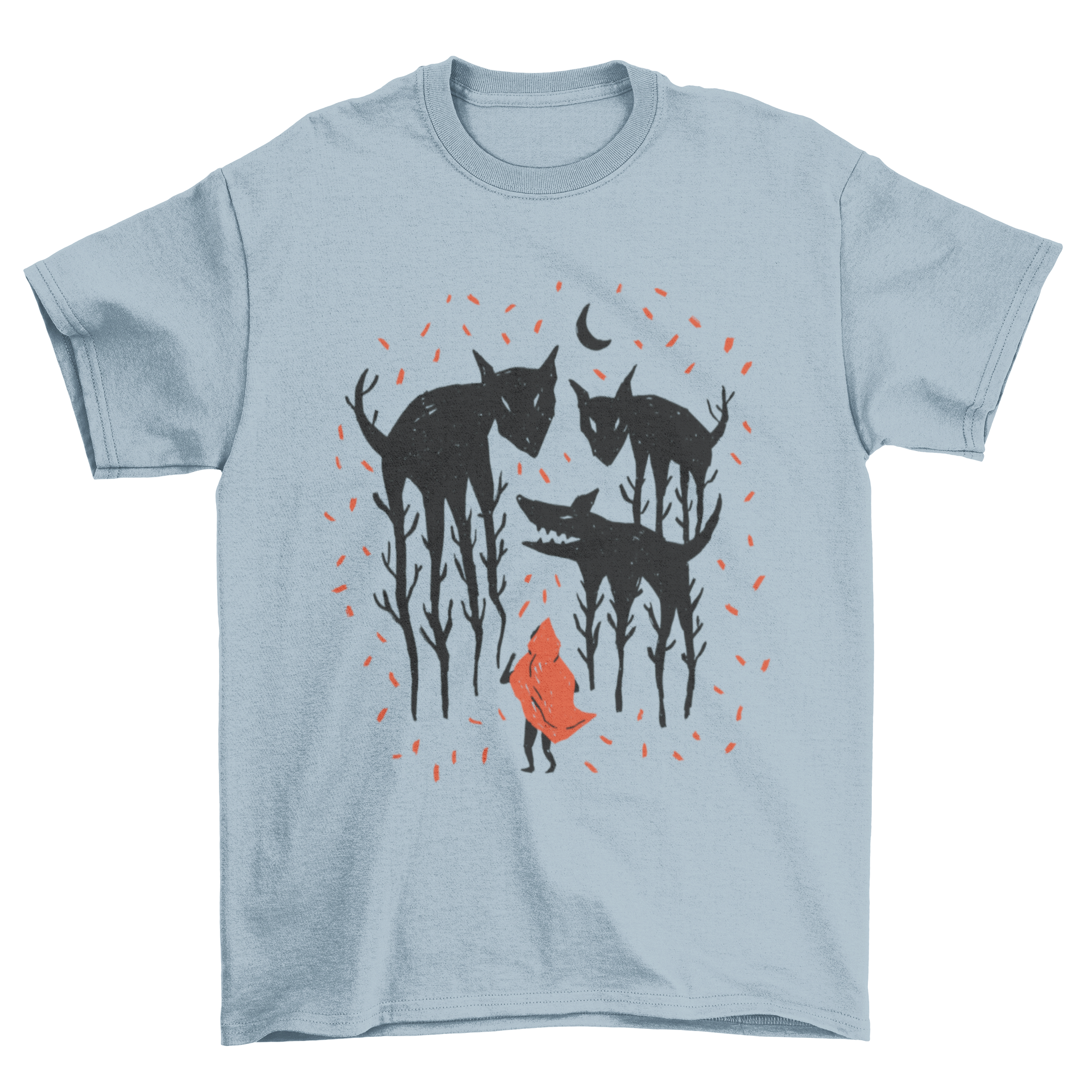 A stylish Red Riding Hood T-shirt featuring an artistic illustration of Red Riding Hood facing wolves made from trees.