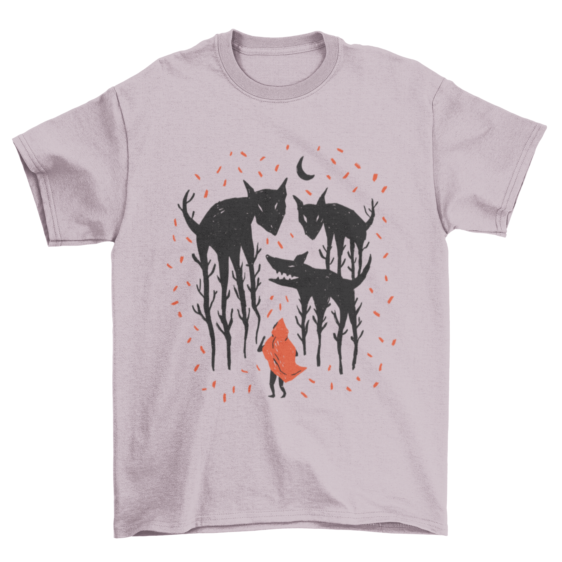 A stylish Red Riding Hood T-shirt featuring an artistic illustration of Red Riding Hood facing wolves made from trees.