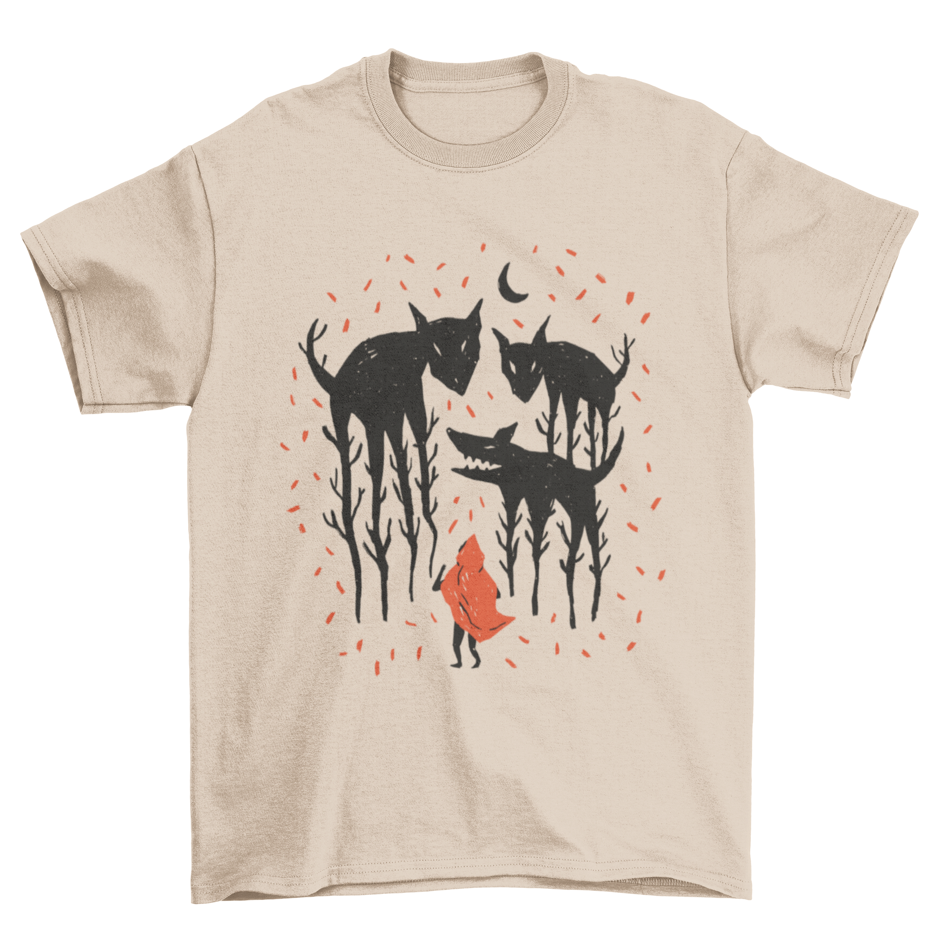 A stylish Red Riding Hood T-shirt featuring an artistic illustration of Red Riding Hood facing wolves made from trees.