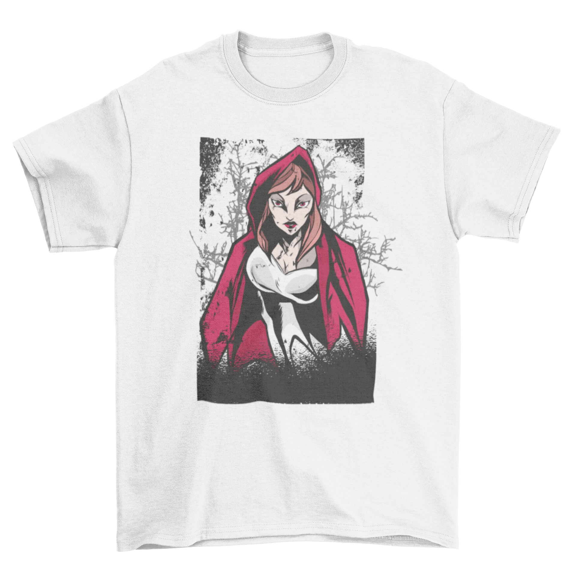 A Red Riding Hood T-shirt featuring a dark, evil illustration of the classic character, showcasing a unique design.