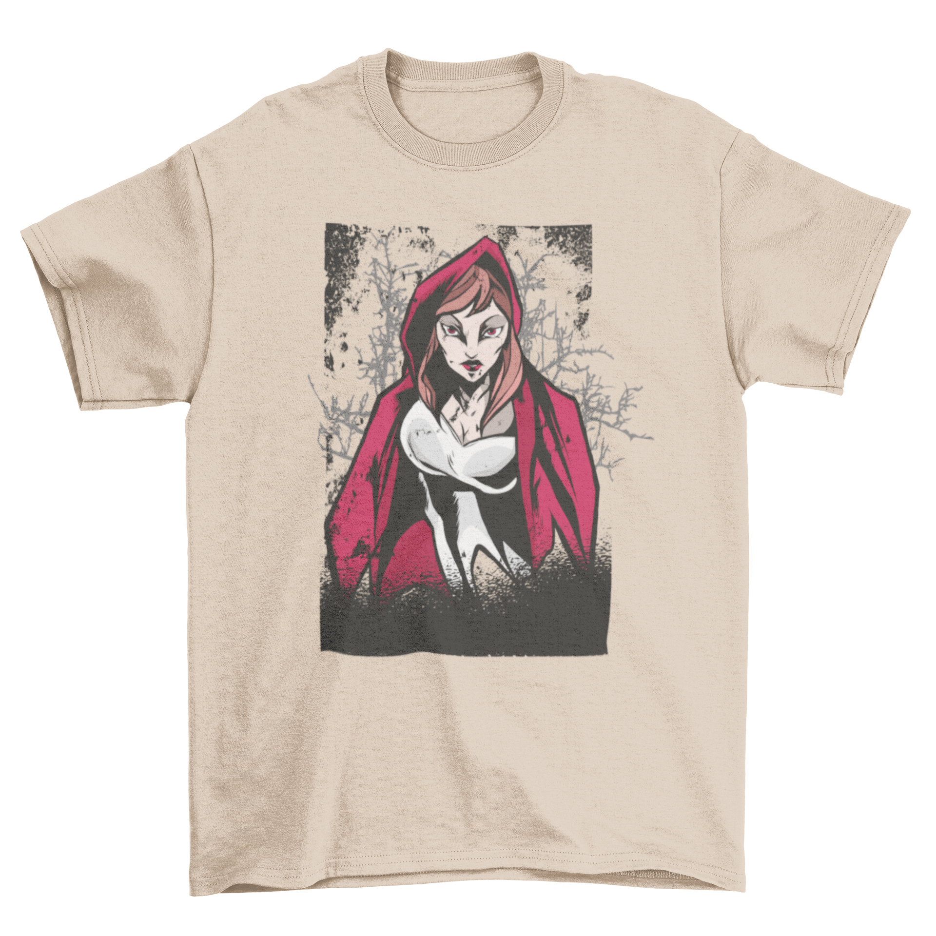 A Red Riding Hood T-shirt featuring a dark, evil illustration of the classic character, showcasing a unique design.