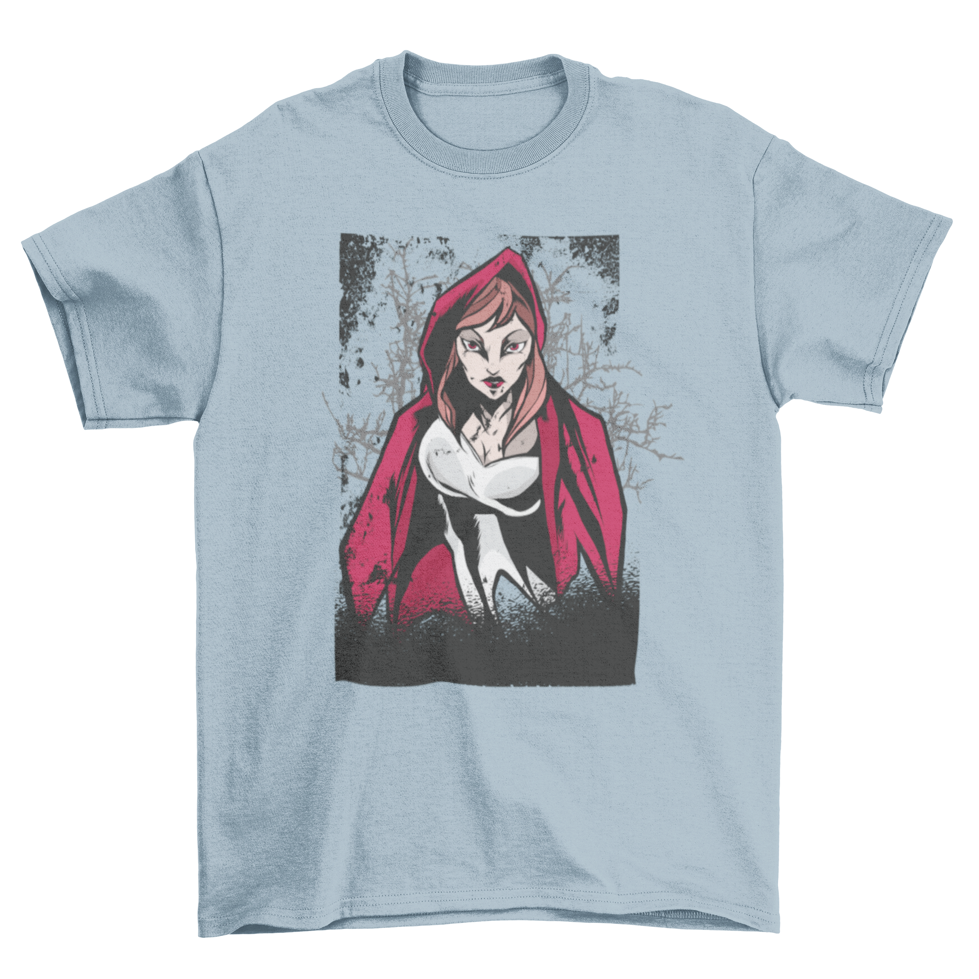 A Red Riding Hood T-shirt featuring a dark, evil illustration of the classic character, showcasing a unique design.