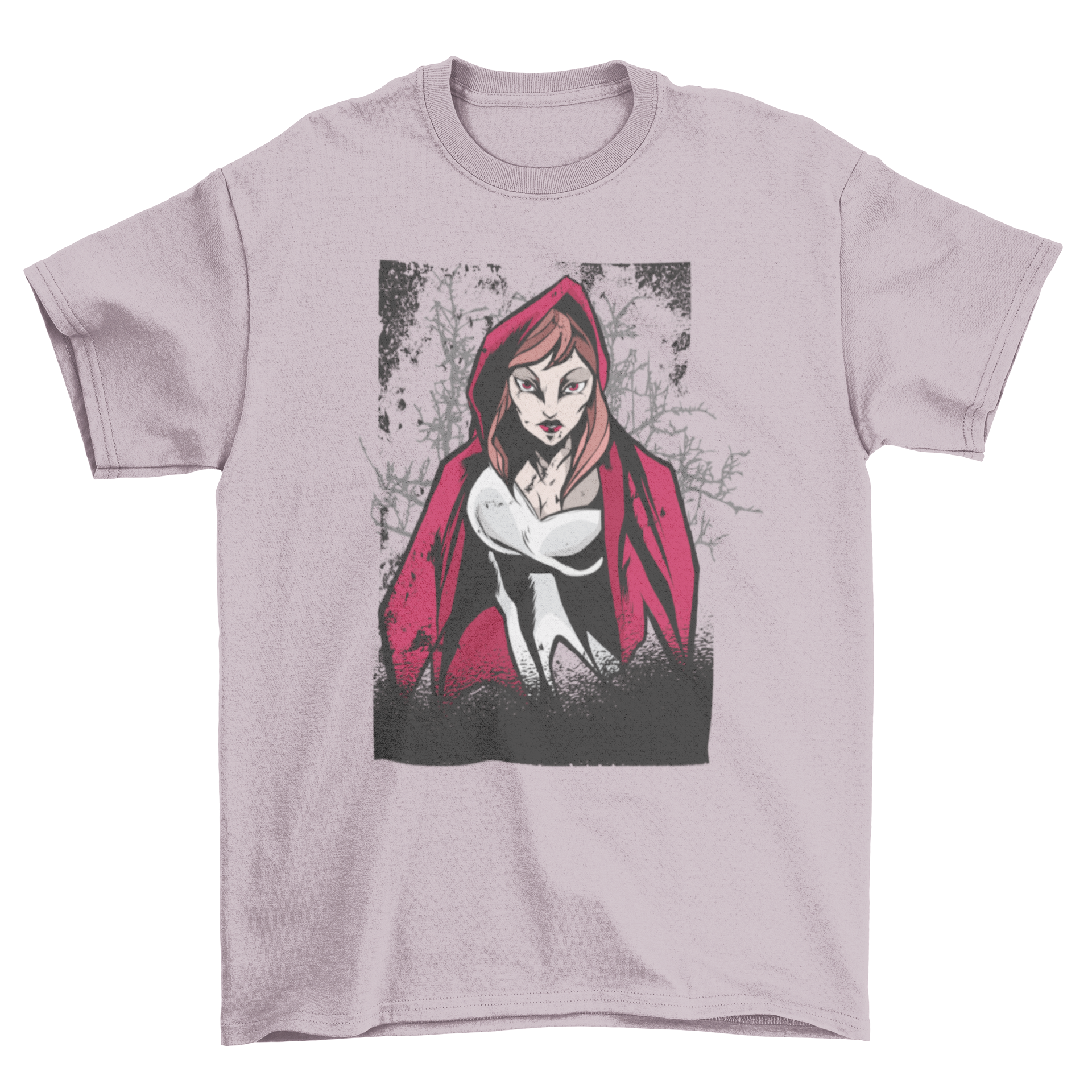 A Red Riding Hood T-shirt featuring a dark, evil illustration of the classic character, showcasing a unique design.