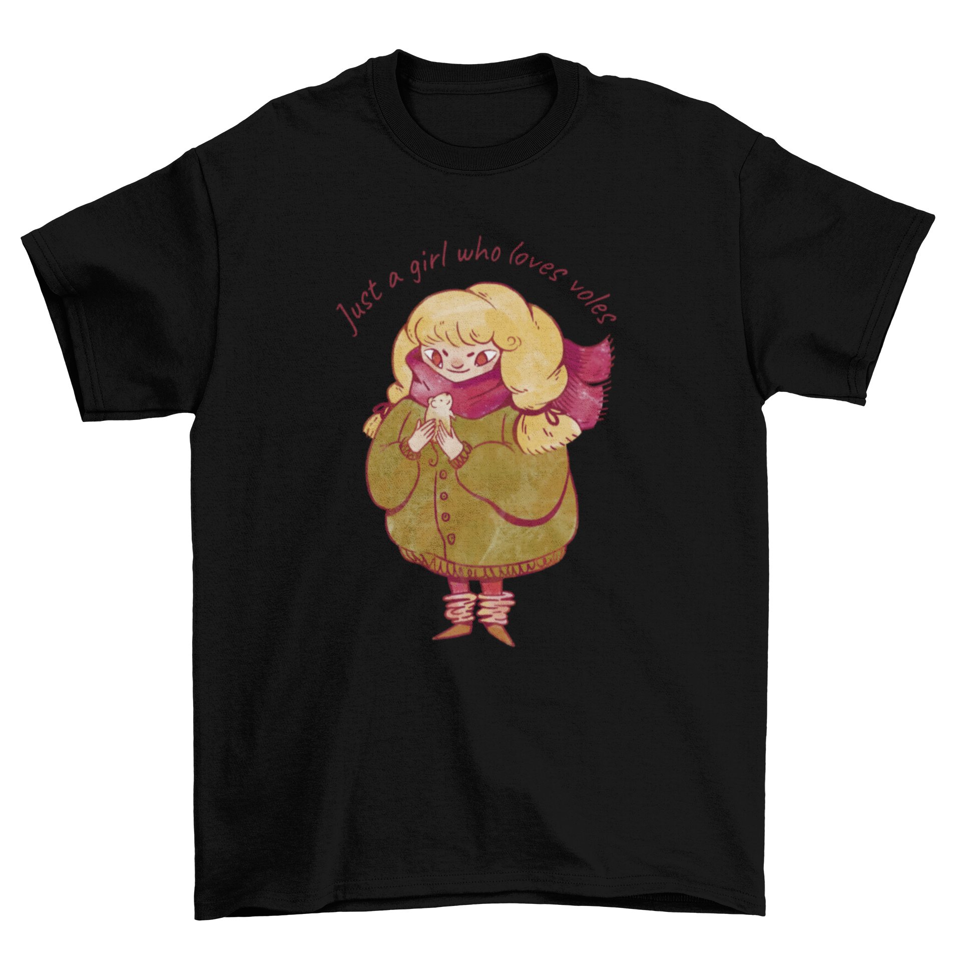 A stylish t-shirt featuring a blonde girl in a red scarf with a vole, accompanied by the quote 'Just a girl who loves voles'.