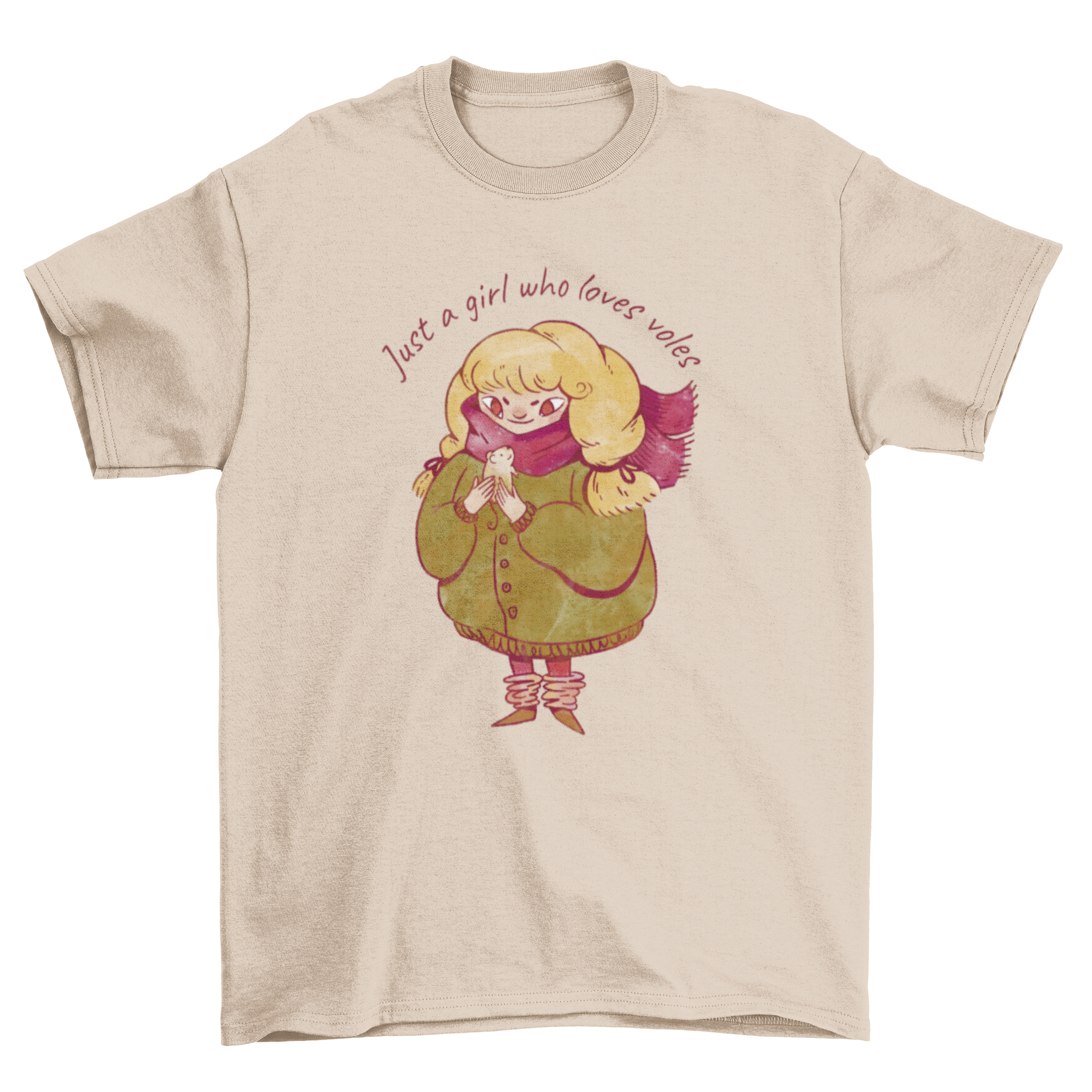 A stylish t-shirt featuring a blonde girl in a red scarf with a vole, accompanied by the quote 'Just a girl who loves voles'.