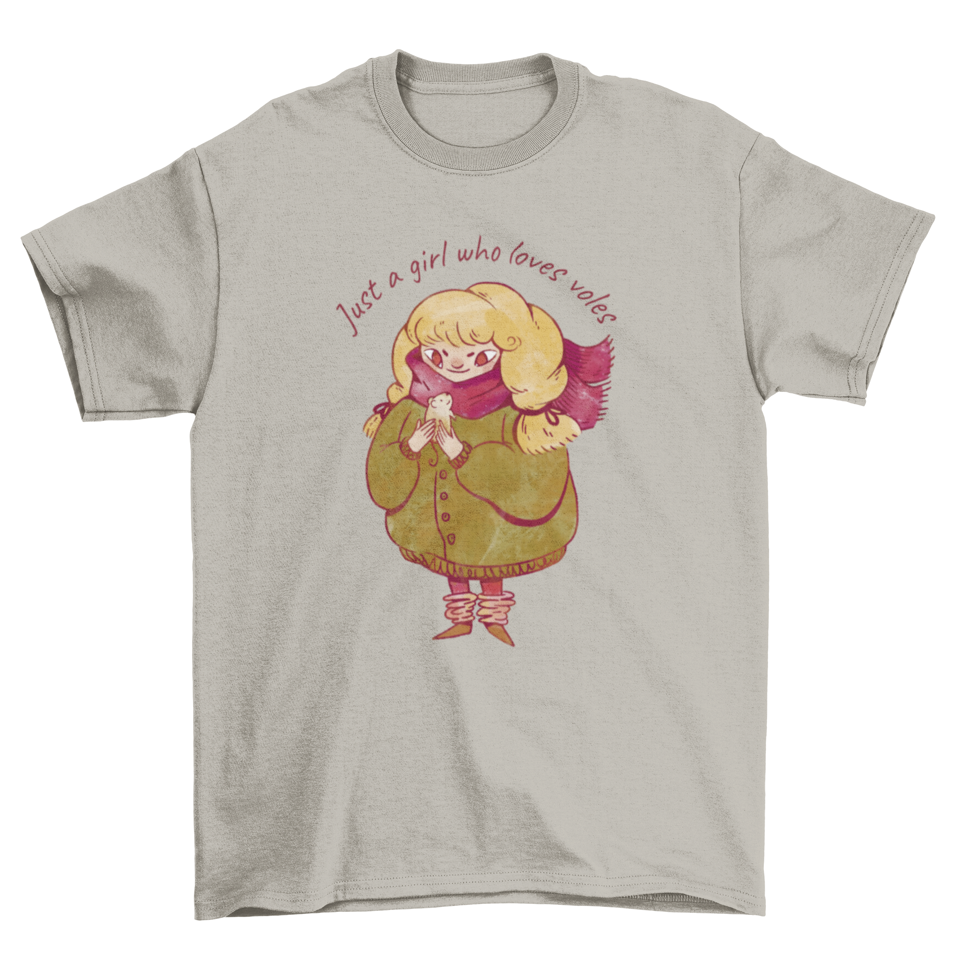 A stylish t-shirt featuring a blonde girl in a red scarf with a vole, accompanied by the quote 'Just a girl who loves voles'.