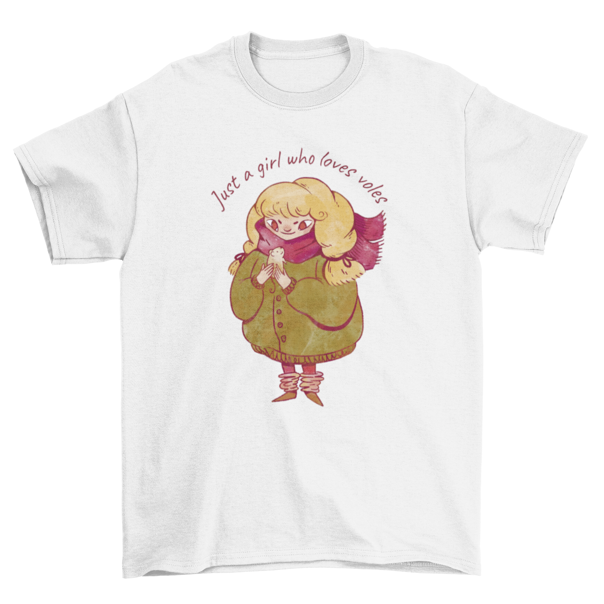 A stylish t-shirt featuring a blonde girl in a red scarf with a vole, accompanied by the quote 'Just a girl who loves voles'.