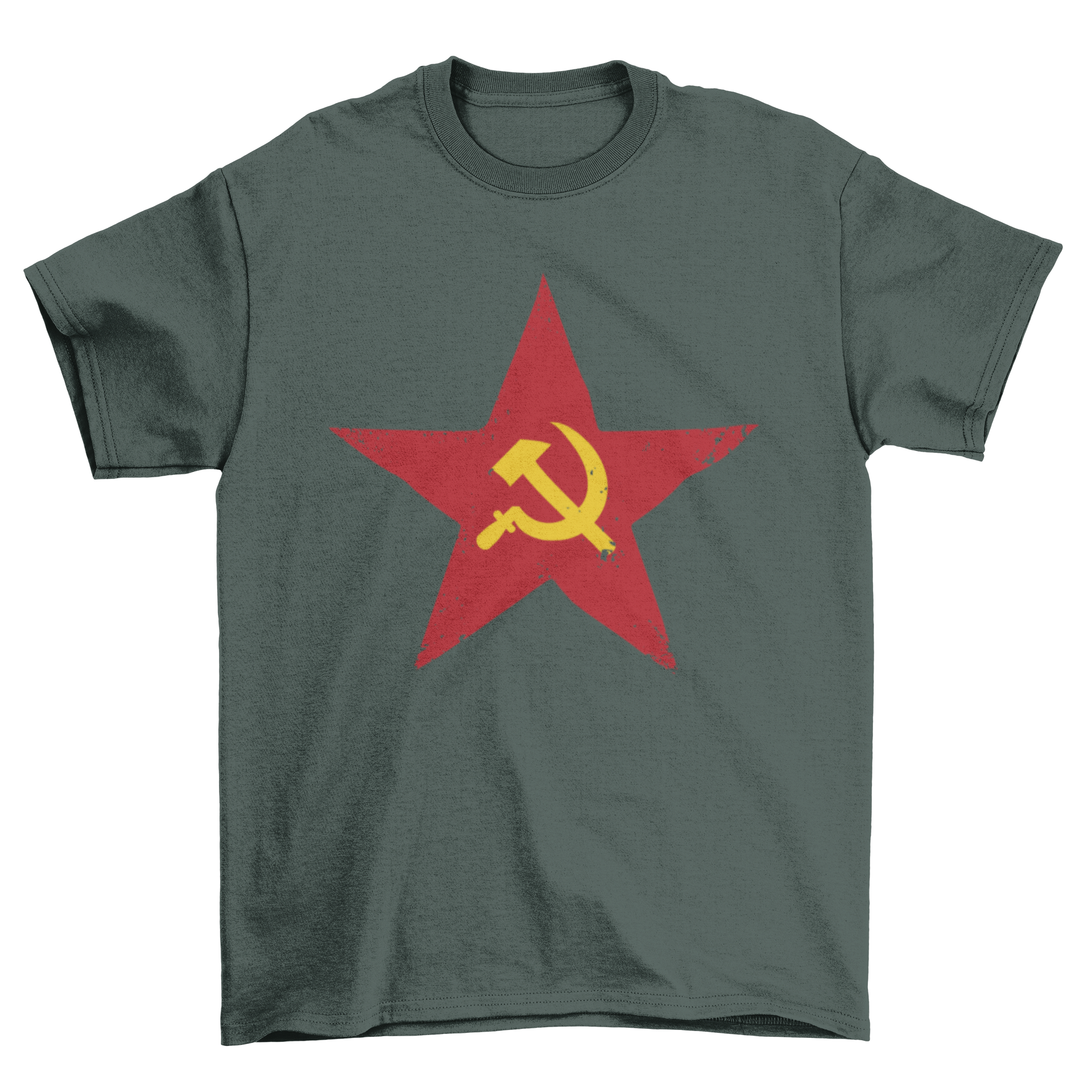 Red Soviet Five-Point Star T-shirt featuring a five-point star with a yellow hammer and sickle emblem.