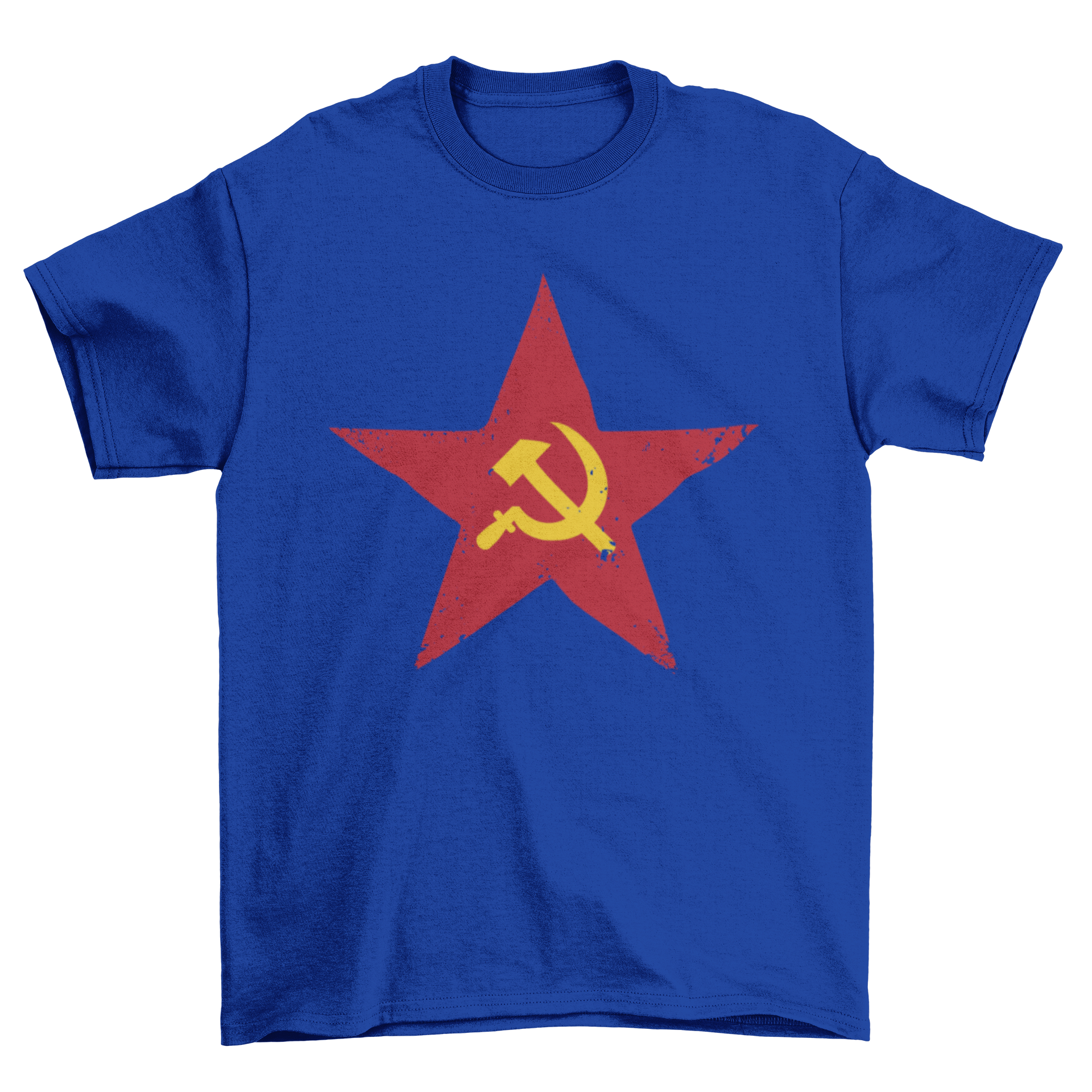 Red Soviet Five-Point Star T-shirt featuring a five-point star with a yellow hammer and sickle emblem.