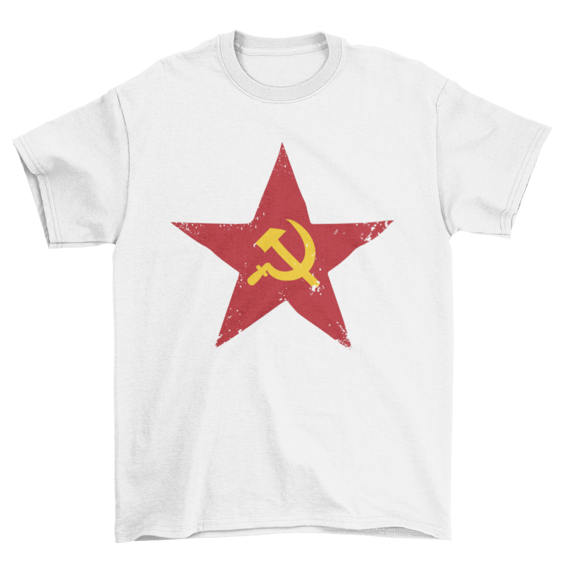 Red Soviet Five-Point Star T-shirt featuring a five-point star with a yellow hammer and sickle emblem.