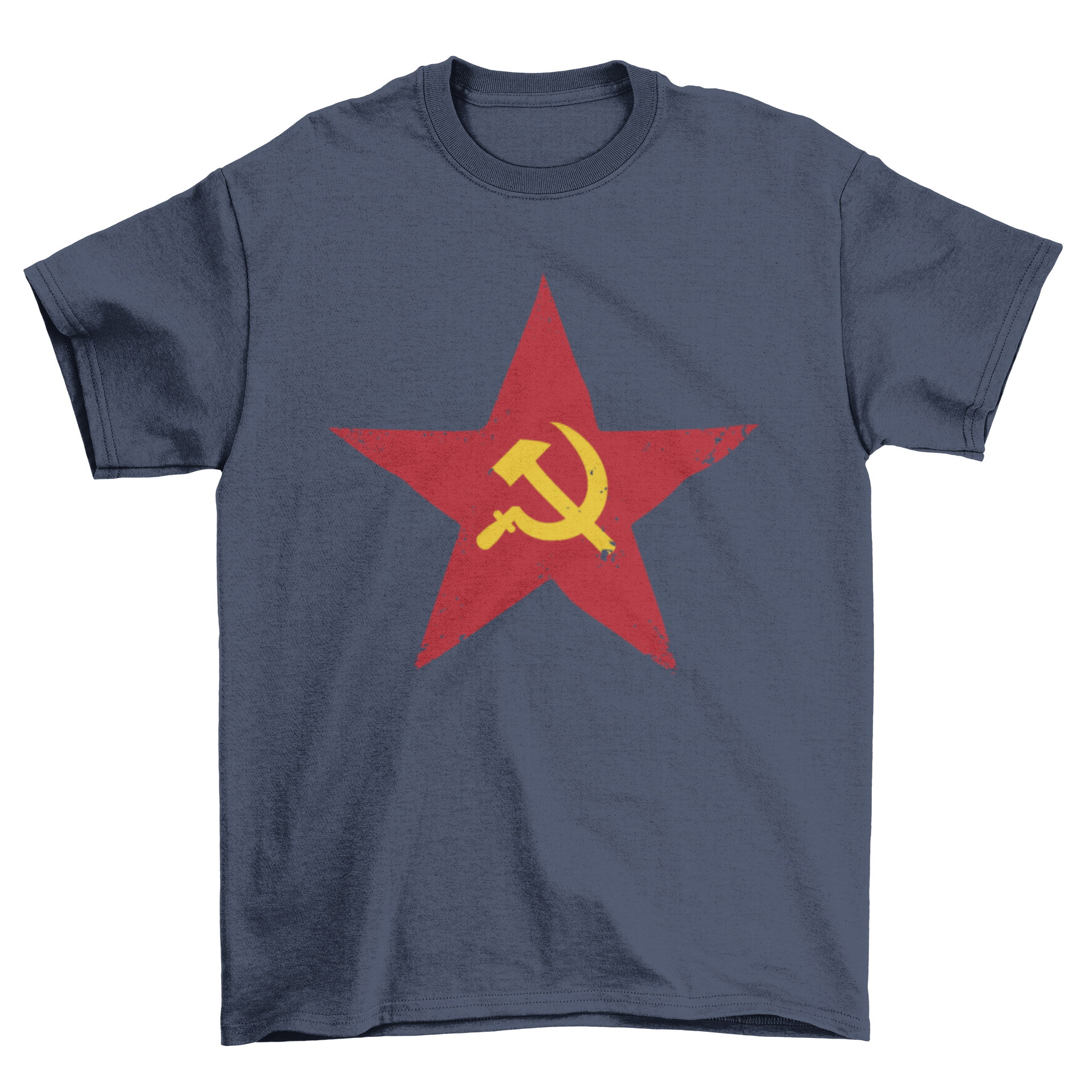 Red Soviet Five-Point Star T-shirt featuring a five-point star with a yellow hammer and sickle emblem.