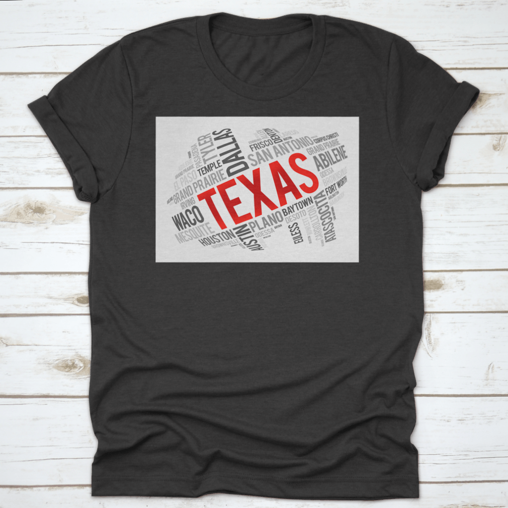 Red Texas Font Word Cloud Map Design featuring iconic USA landmarks in a stylish layout.