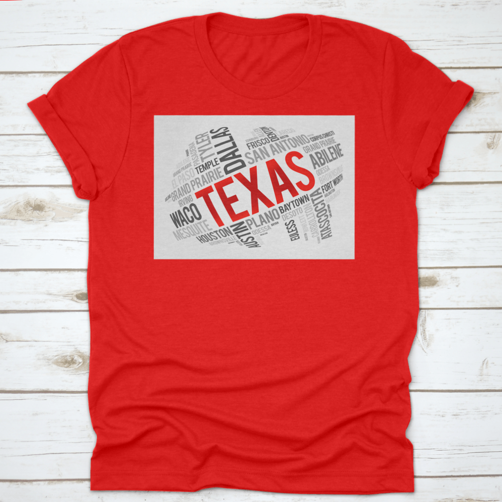 Red Texas Font Word Cloud Map Design featuring iconic USA landmarks in a stylish layout.