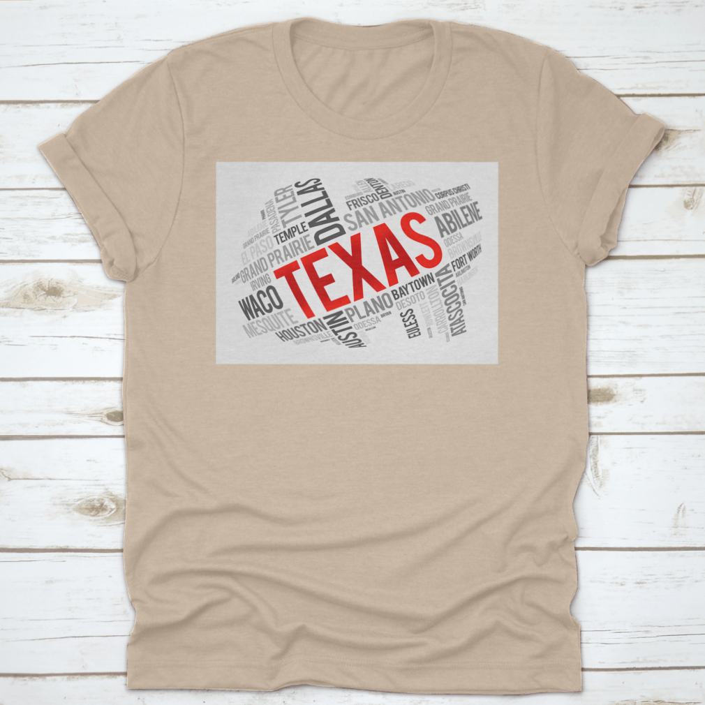 Red Texas Font Word Cloud Map Design featuring iconic USA landmarks in a stylish layout.