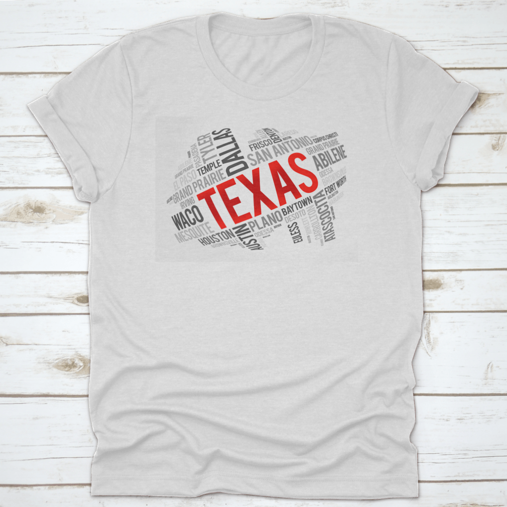 Red Texas Font Word Cloud Map Design featuring iconic USA landmarks in a stylish layout.