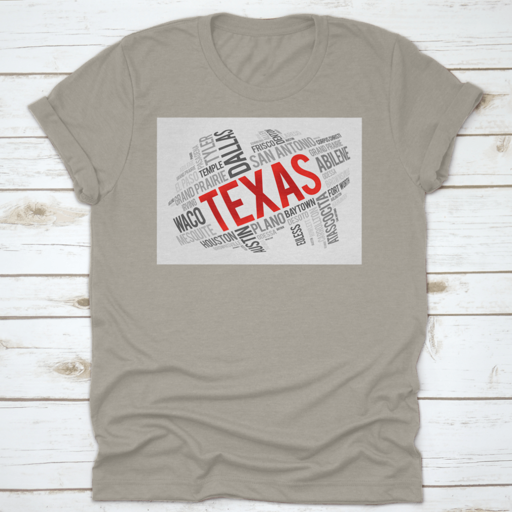 Red Texas Font Word Cloud Map Design featuring iconic USA landmarks in a stylish layout.