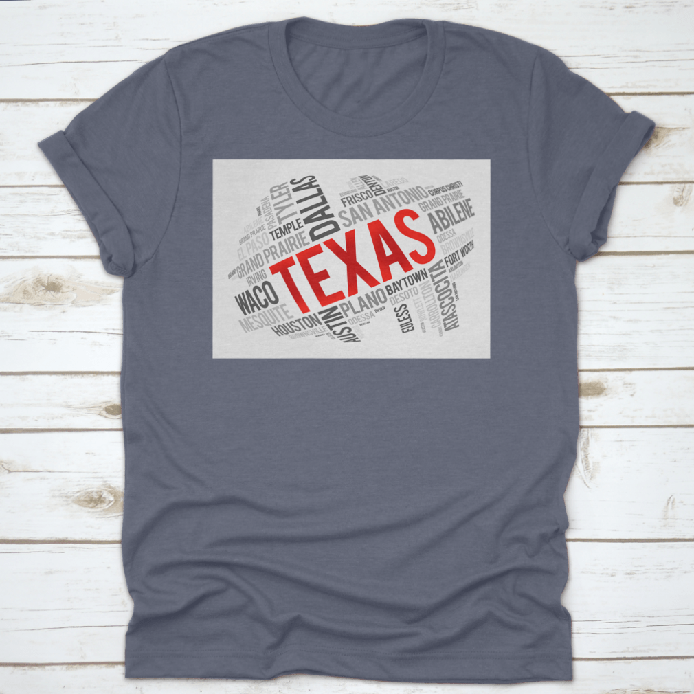 Red Texas Font Word Cloud Map Design featuring iconic USA landmarks in a stylish layout.